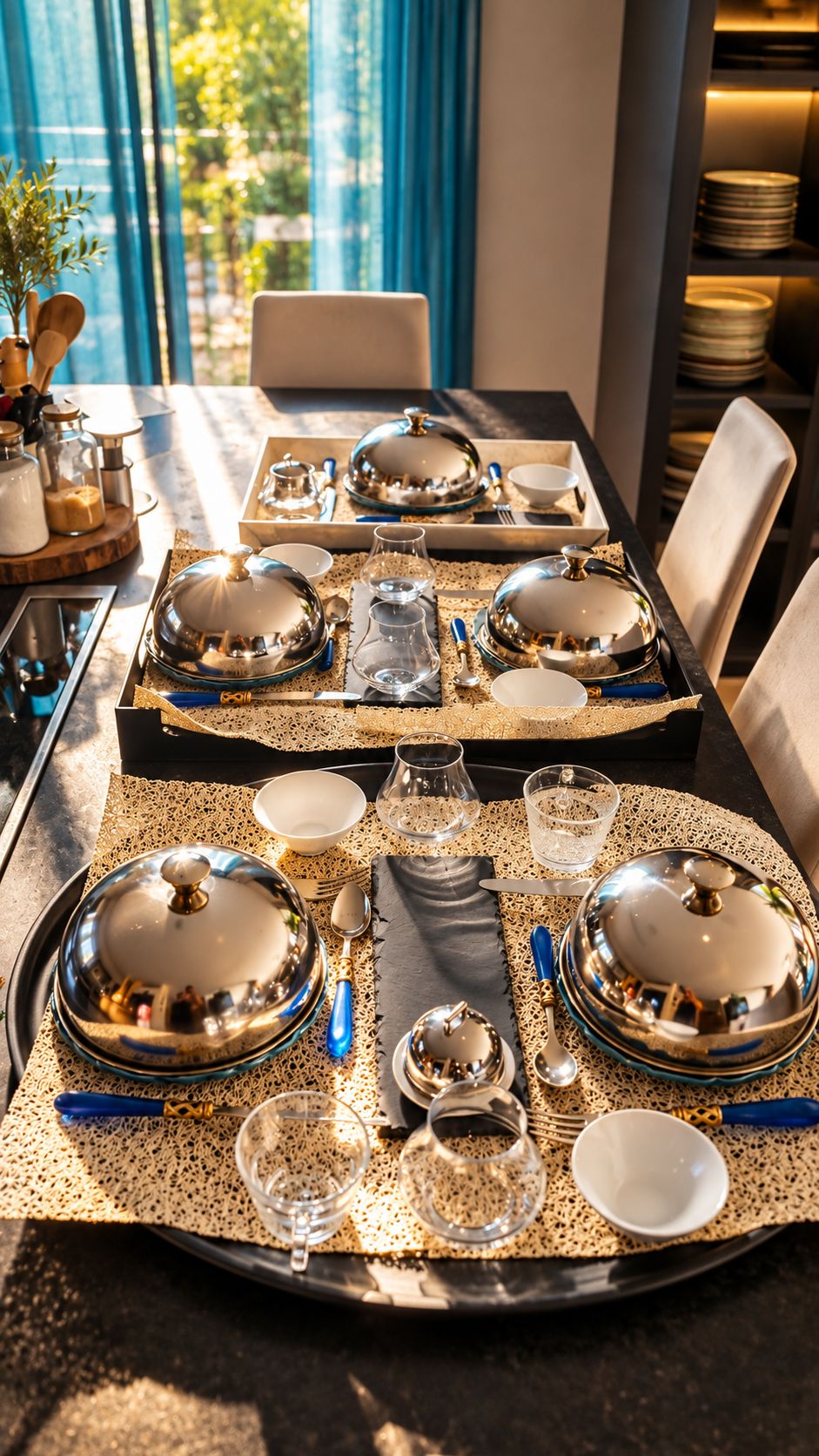 A dining table set with multiple place settings, including plates, bowls, glasses, and cutlery.