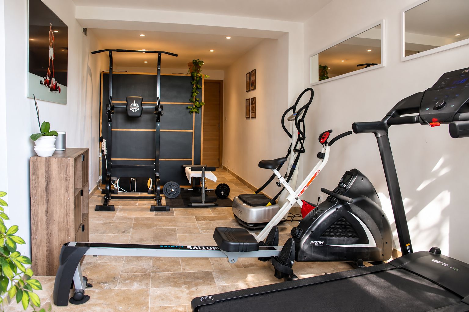 A home gym with a treadmill, stationary bikes, and weightlifting equipment.