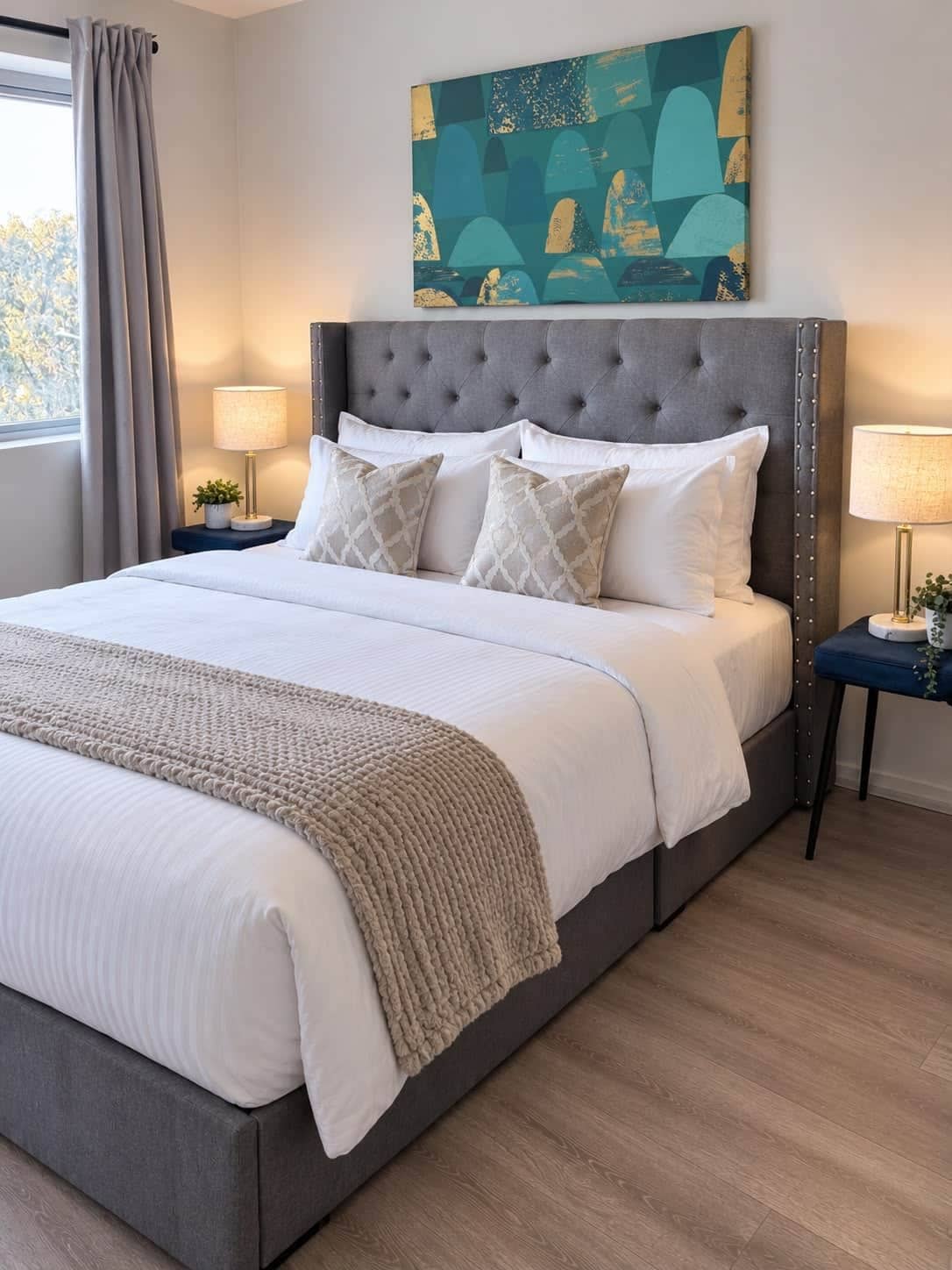 A bedroom with a large bed, a tufted headboard, two bedside tables with lamps, and a painting on the wall.
