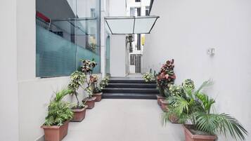 Un edificio moderno con fachada de vidrio, una escalera y macetas con plantas a lo largo del paseo.