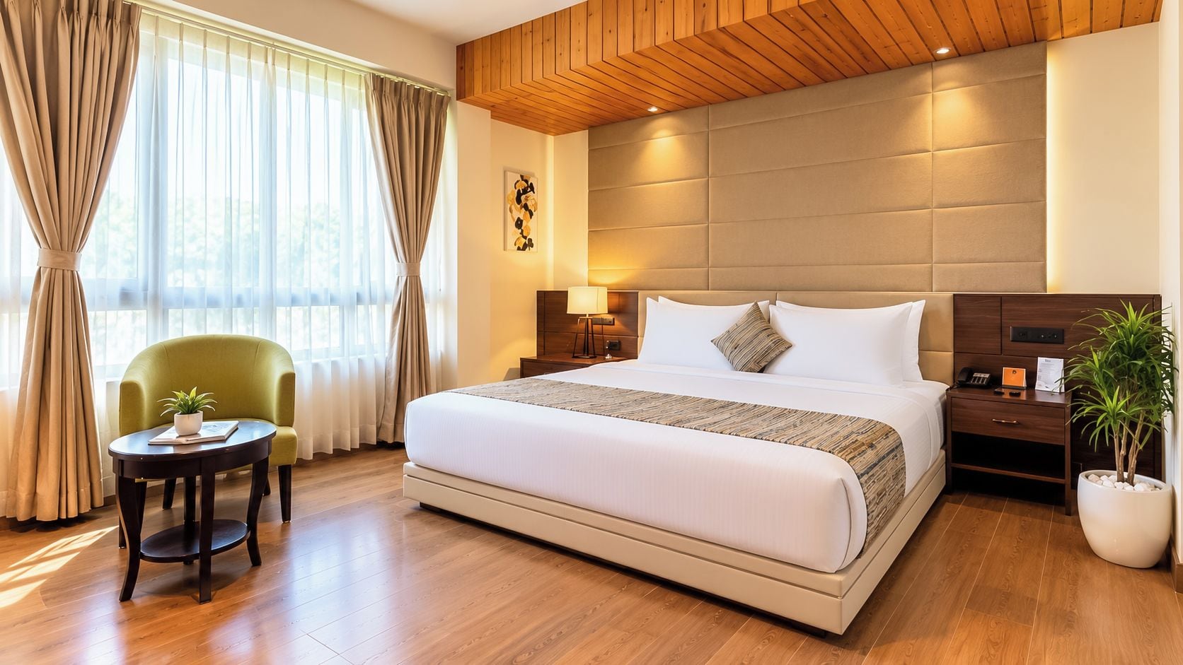 A hotel room with a large bed, a bedside table, a nightstand, a chair, a small table with a plant, and a window with curtains.