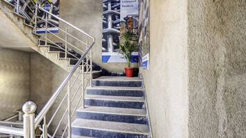 Un escalier en béton avec des rampes en métal et un pot de fleurs à sa base.