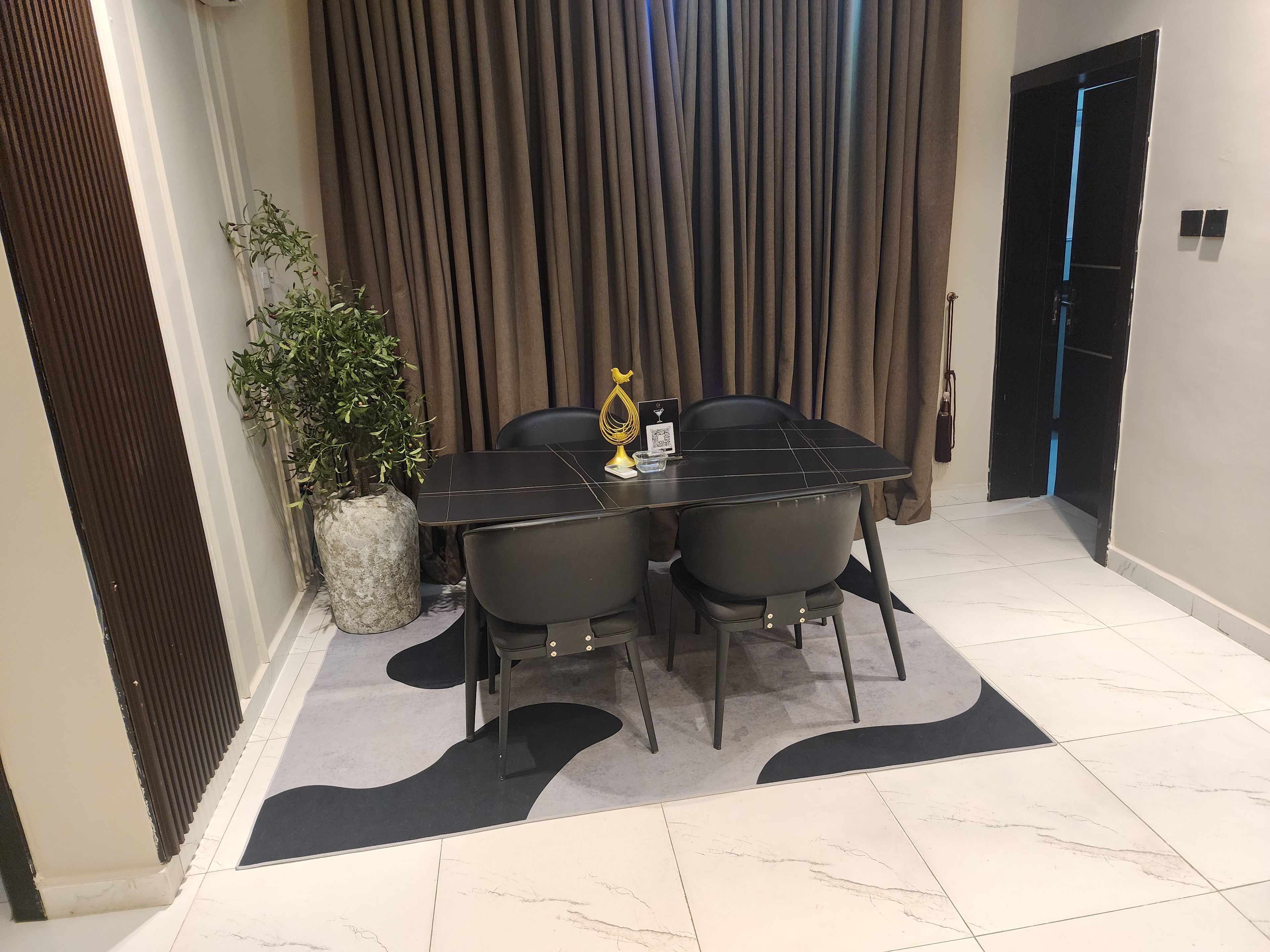 Un espace repas comprenant une table, des chaises, une plante en pot et un rideau en arrière-plan.