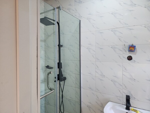 A glass-enclosed shower with a handheld showerhead and a handheld faucet.