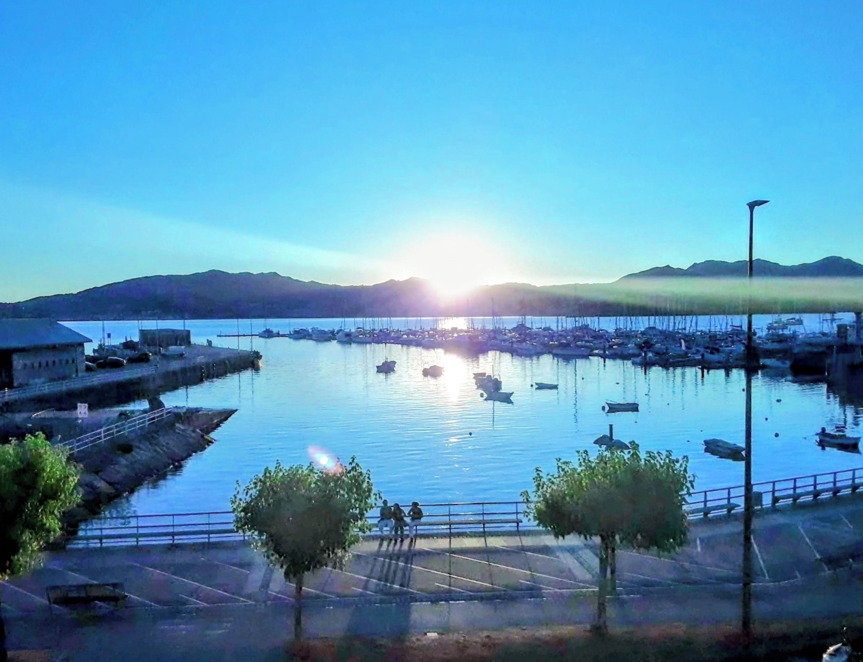 A marina with boats docked, a clear sky, and a sunset.