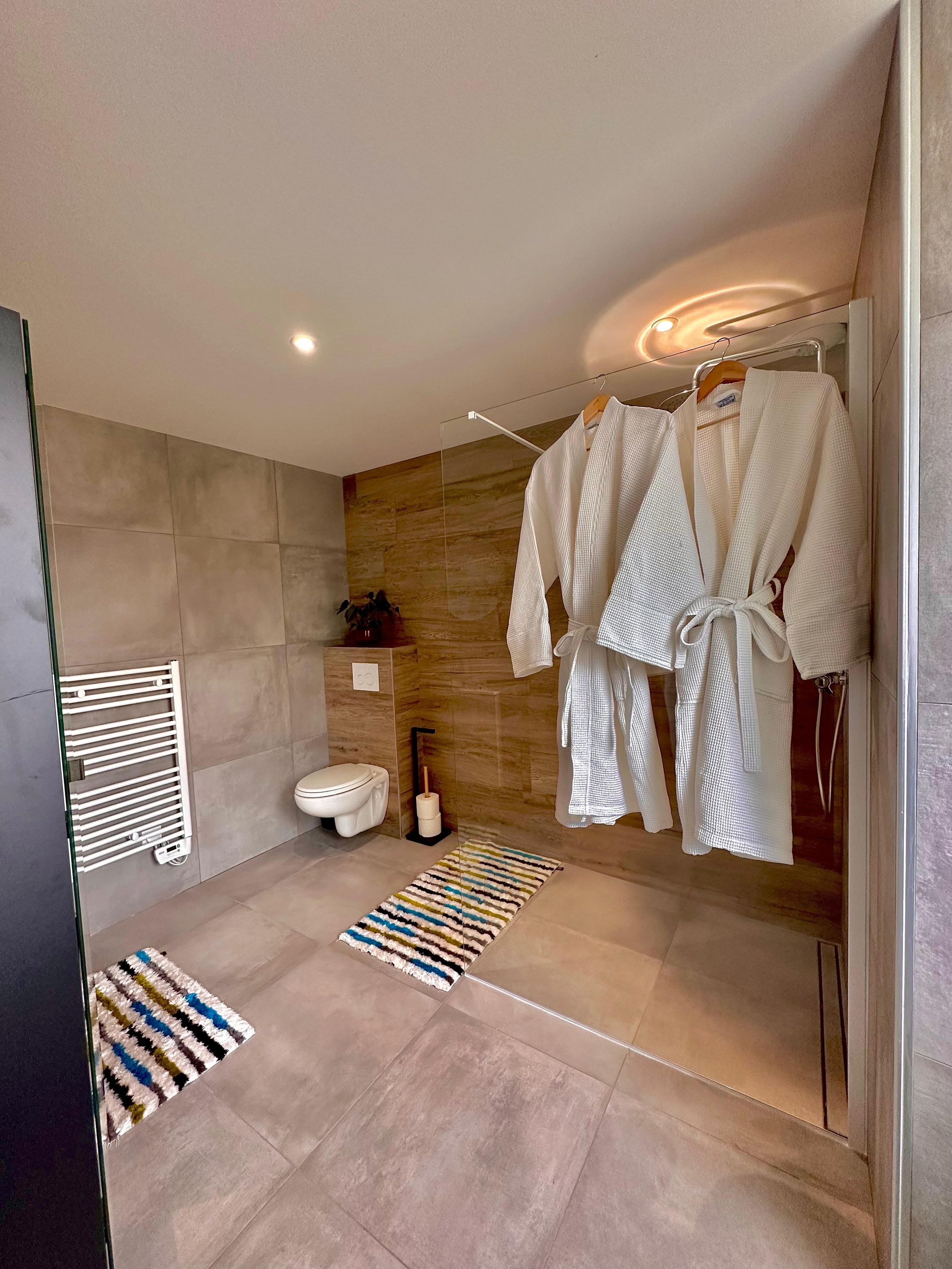 Ein modernes Badezimmer mit Dusche, Toilette und einem Bademantelhalter.