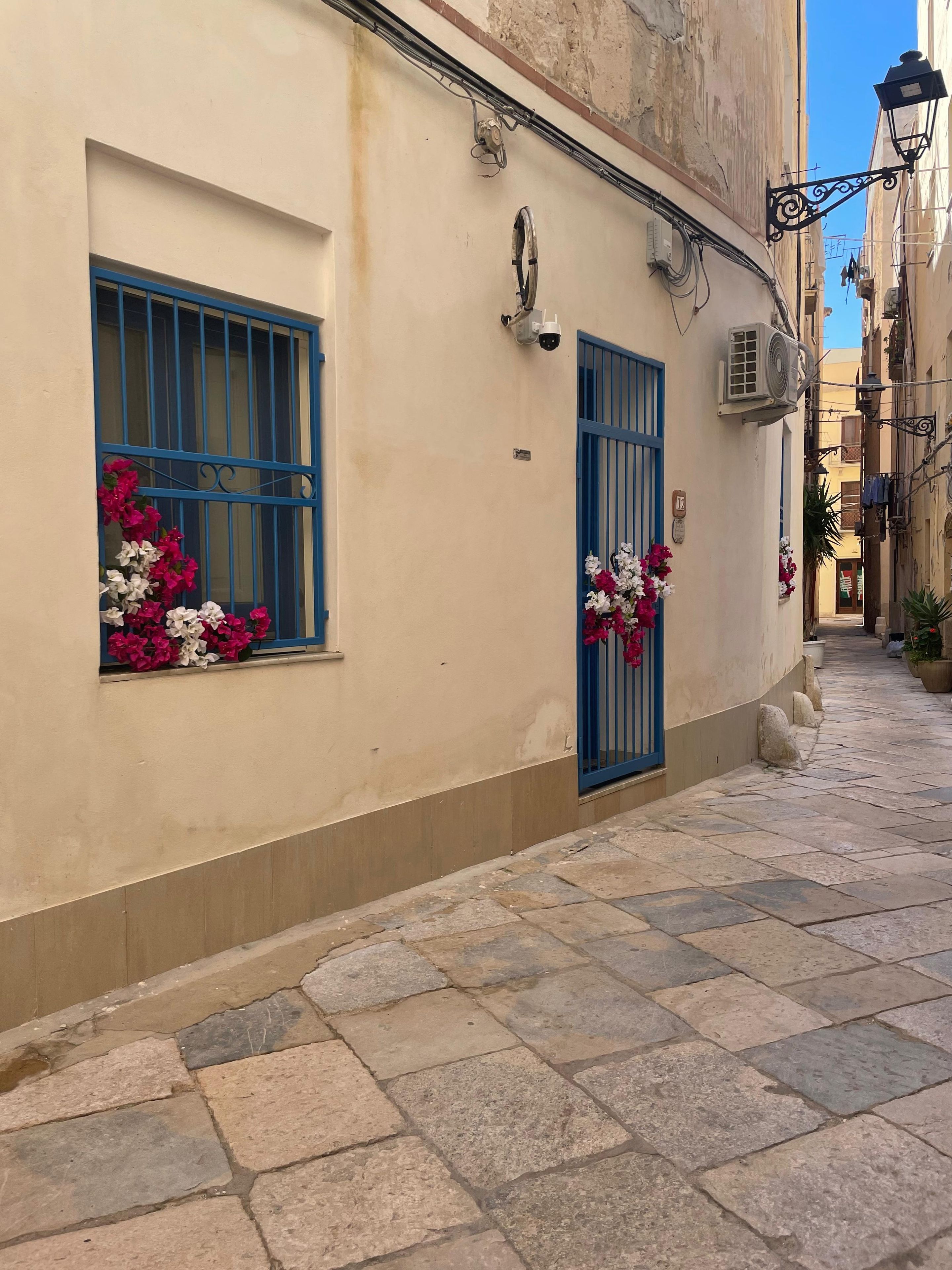 Un vicolo stretto con edifici su entrambi i lati, caratterizzato da pavimentazione in pietra, porte blu e finestre ornate da fiori rosa e bianchi.