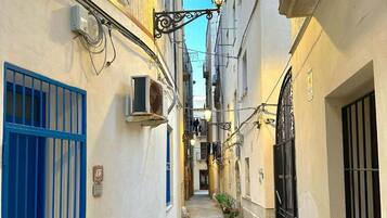 Un stretto vicolo con pavimentazione in pietra, un cancello blu e un lampione.