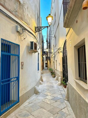 Un stretto vicolo con pavimentazione in pietra, un cancello blu e un lampione.