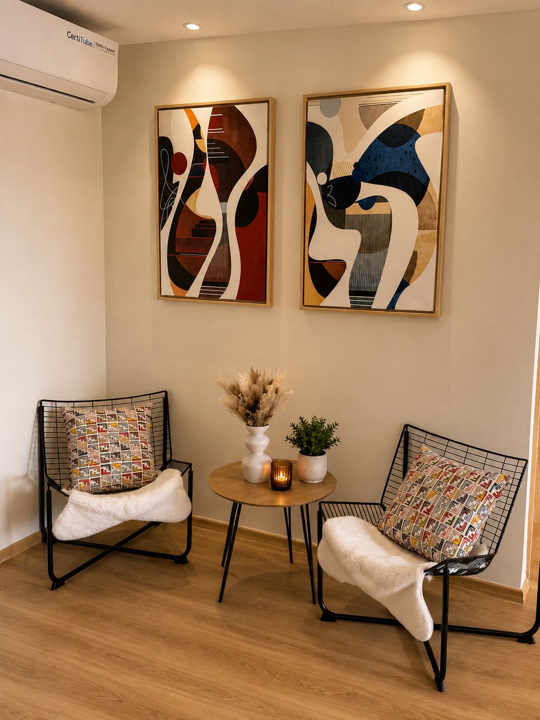 Une pièce comprenant deux chaises, une petite table avec un vase et une bougie, et une œuvre d’art abstraite accrochée au mur.