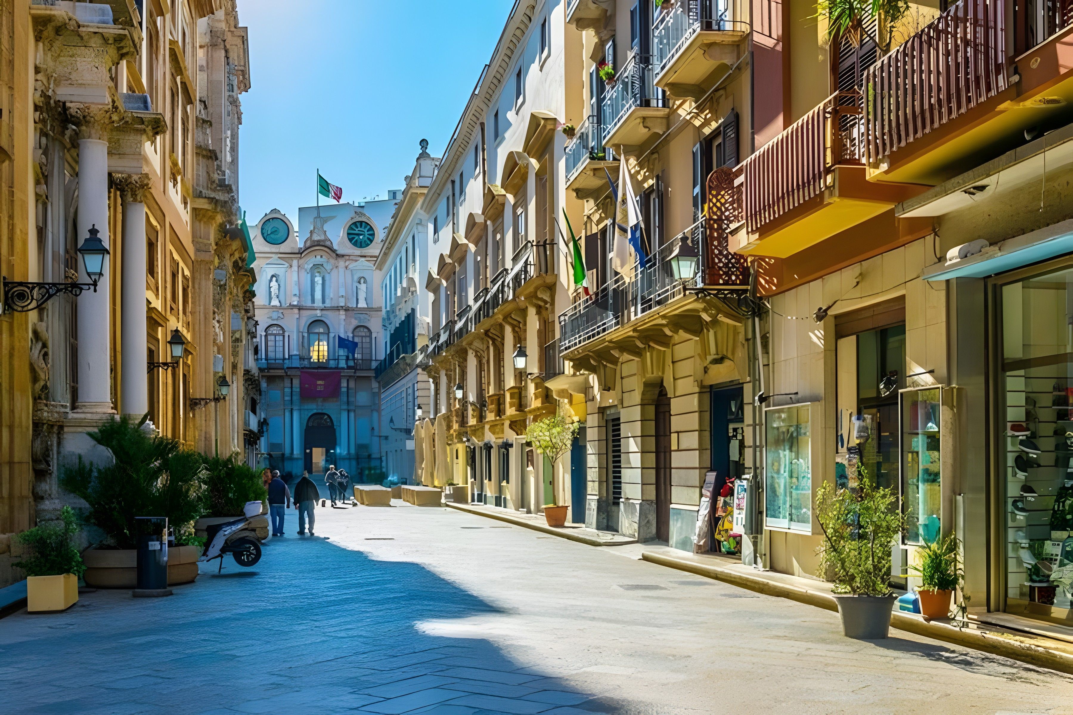 A street with buildings on both sides, a clear sky, and a few people walking.