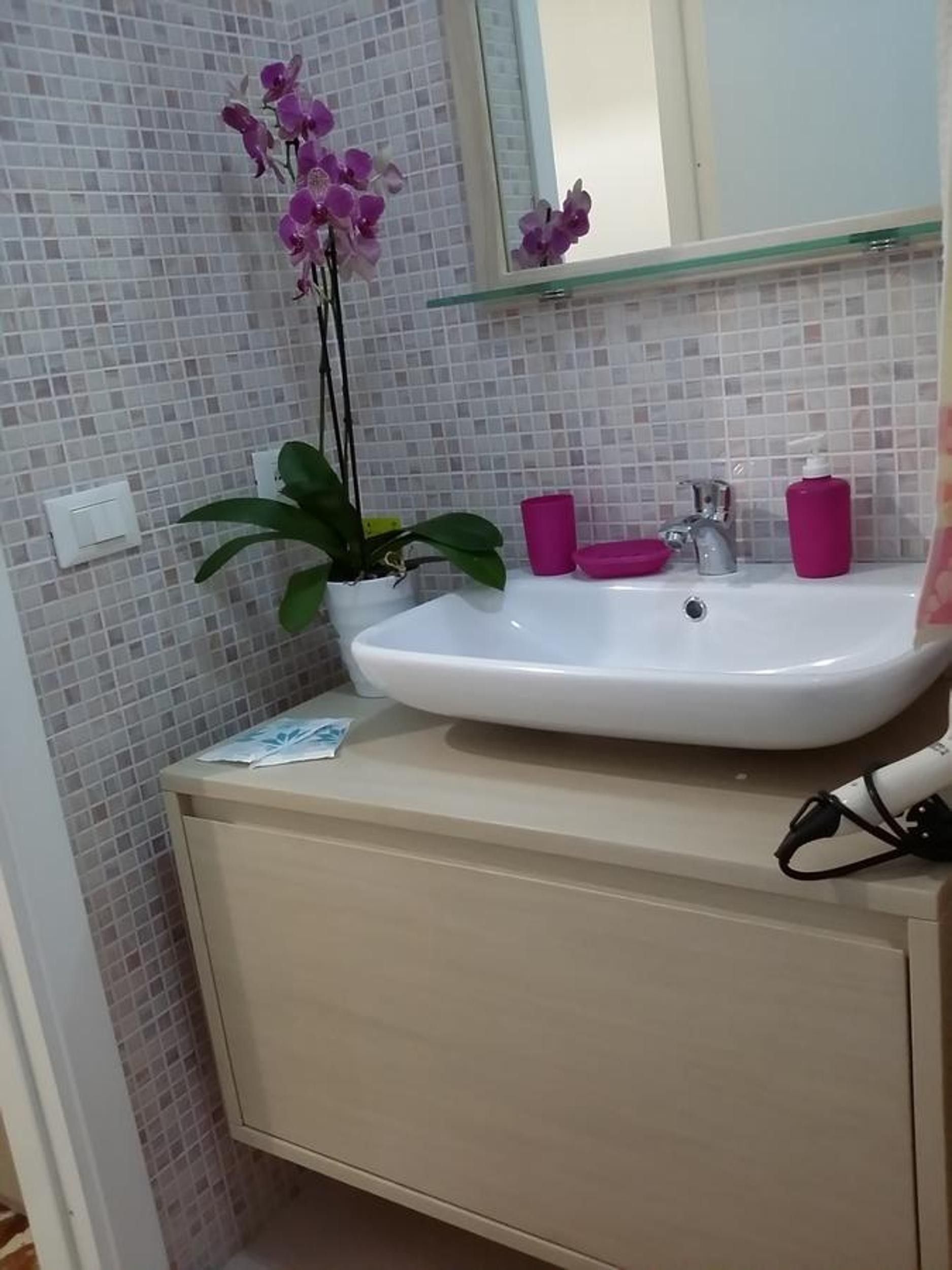 A bathroom with a white sink, a mirror, and a potted orchid.