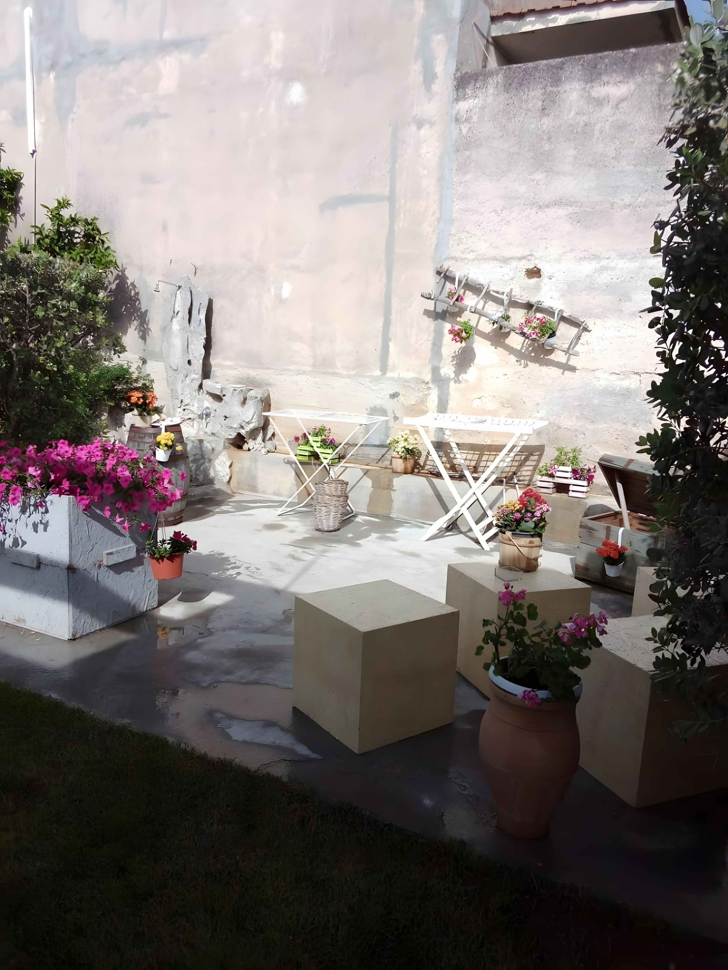A patio area with potted plants, a table, and a chair.