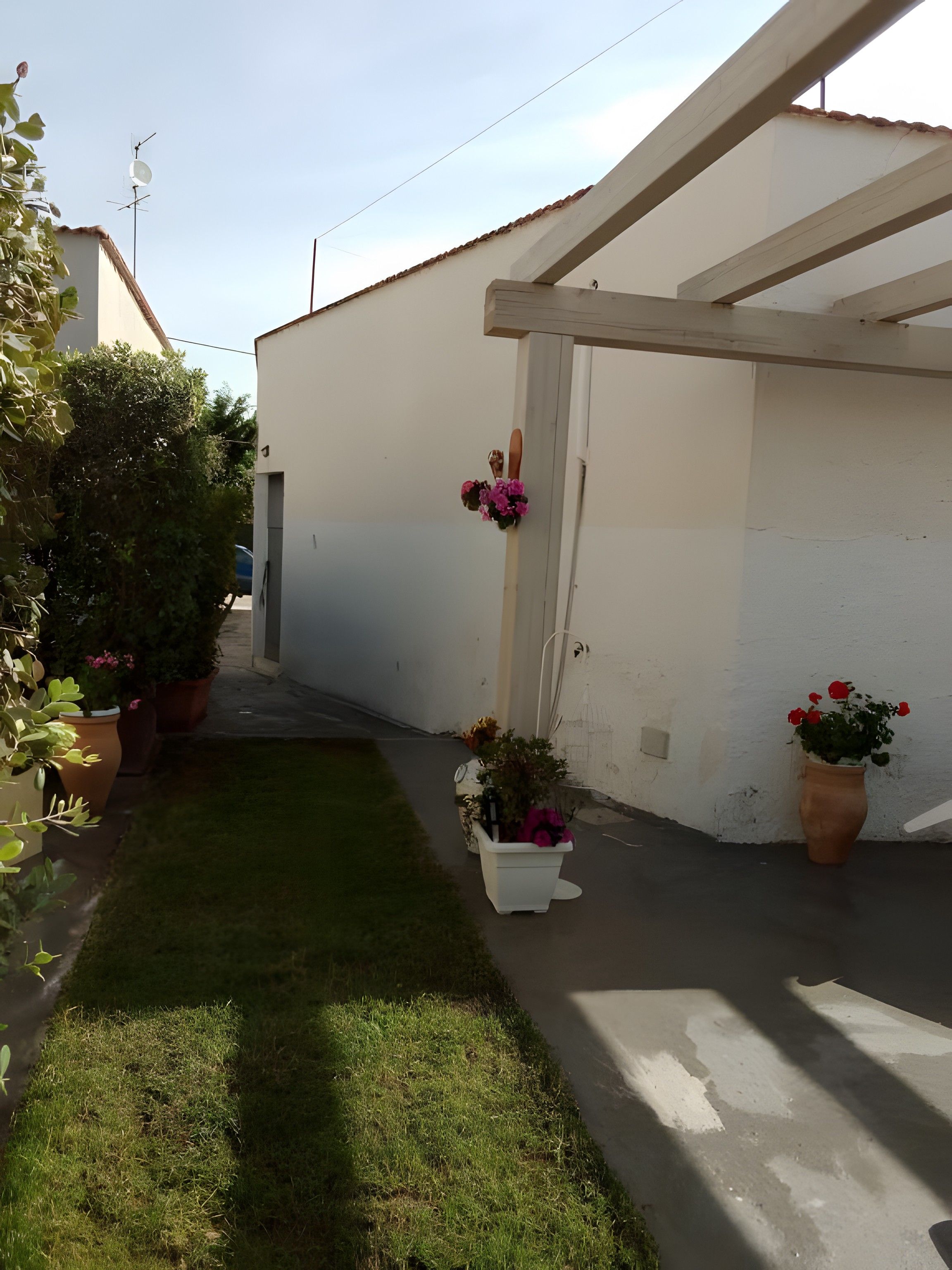 A narrow paved pathway leading to a white building with a sloped roof. There are potted plants with flowers along the path and on the building's exterior.