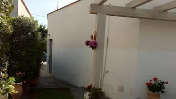 A narrow paved pathway leading to a white building with a sloped roof. There are potted plants with flowers along the path and on the building's exterior.