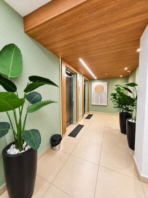 Corredor com teto de madeira, paredes verdes e plantas em vasos.