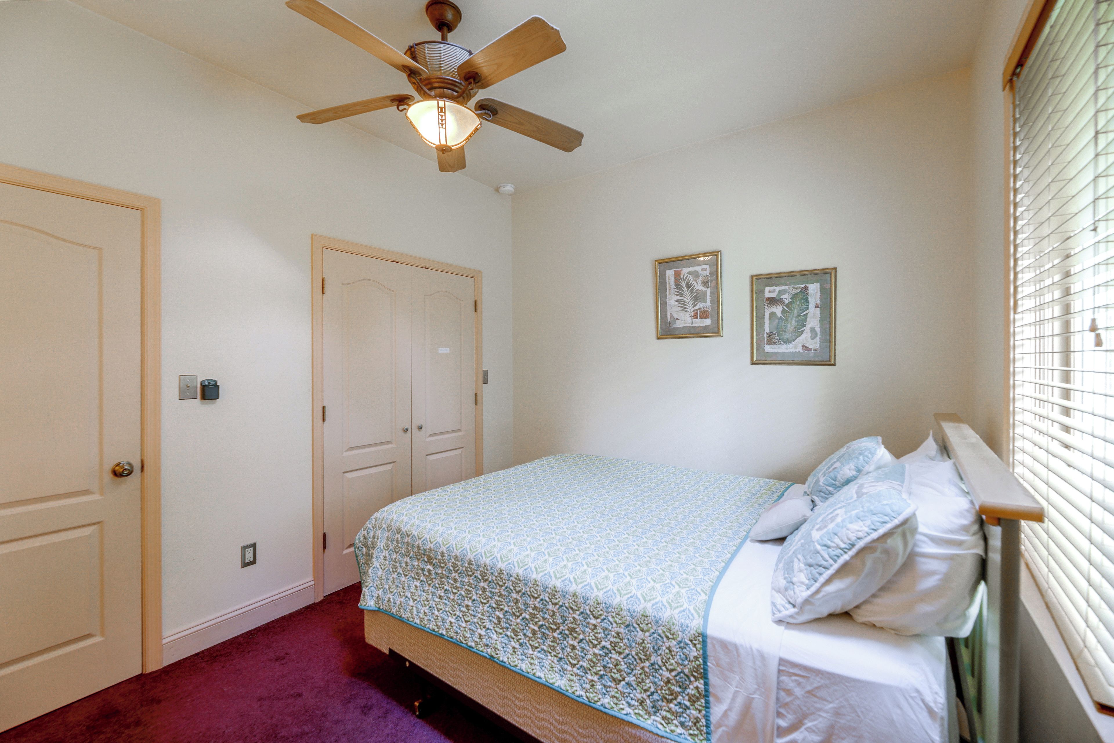 A bedroom with a bed, a ceiling fan, a door, and two framed pictures on the wall.