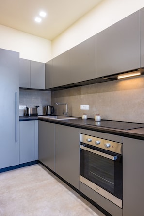 A modern kitchen with grey cabinets, a stainless steel oven, and a countertop with a kettle and jars. - Rega 37 (Naples)