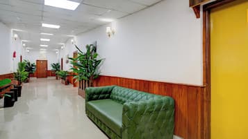 Un couloir avec un banc recouvert d’un tissu vert, des lambris en bois et des plantes en pot.