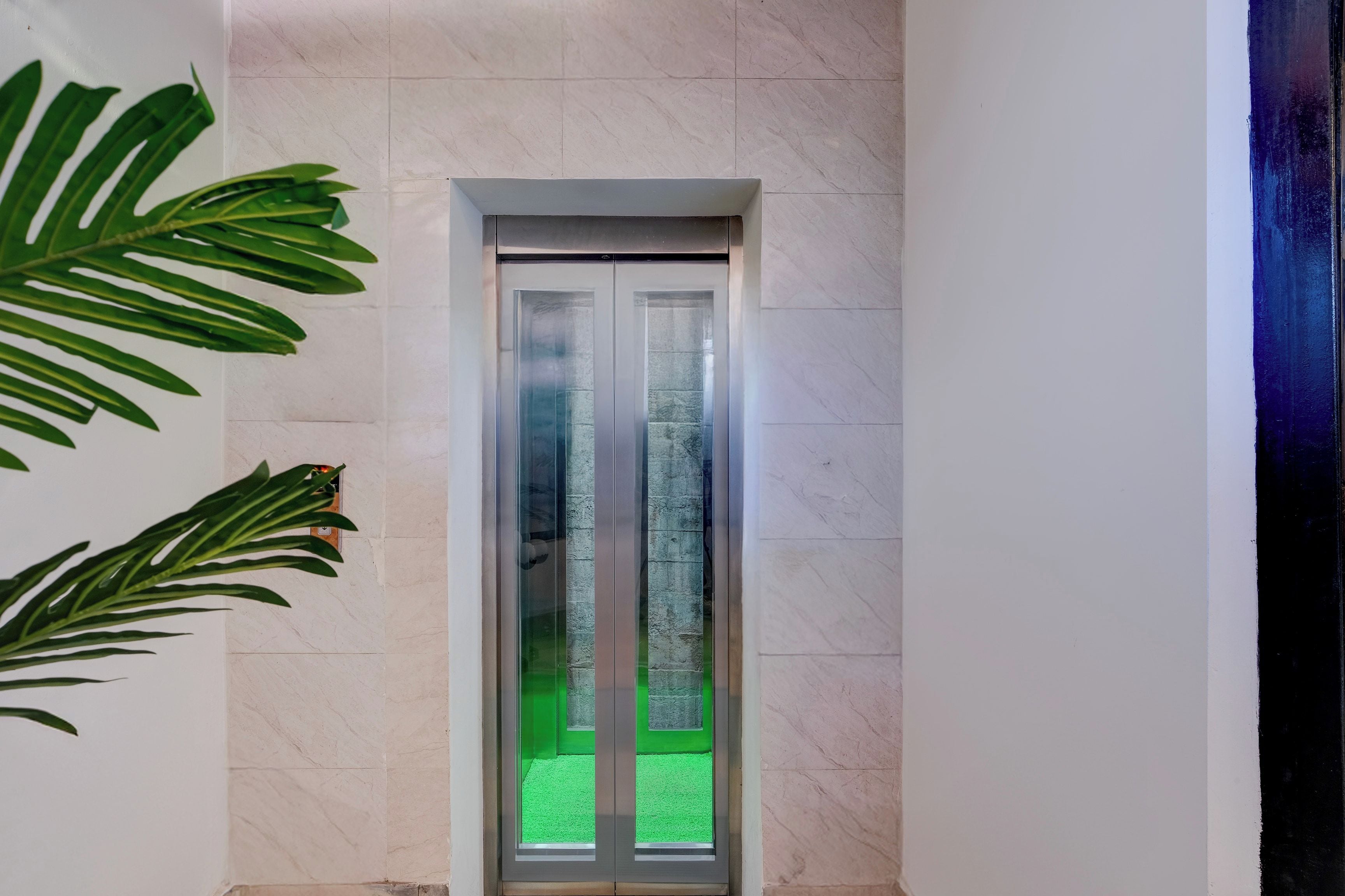Een smalle lift met glazen deuren, een vloer van kunstgras en een marmeren wand.