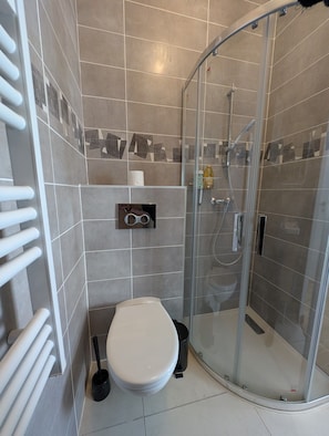 Ett modernt badrum med en dusch som är avskärmad med glasväggar, en toalett och en handduksställning.