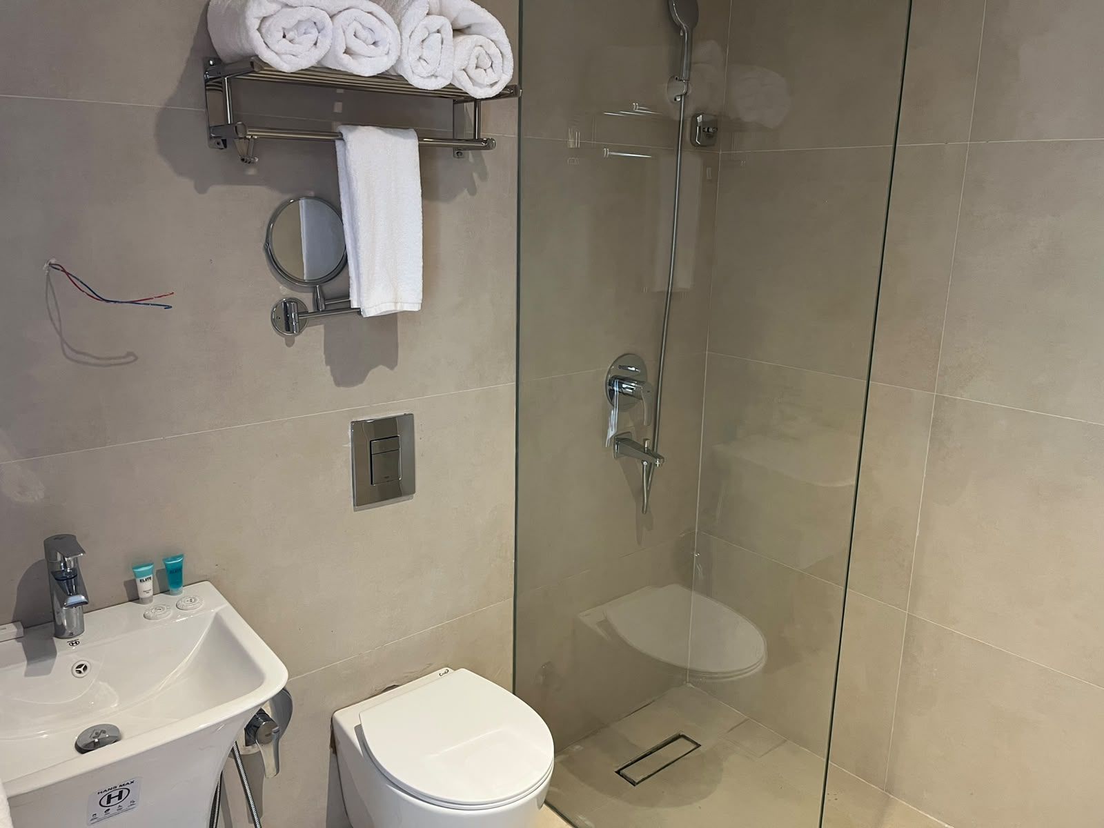 Un baño con ducha de mampara de vidrio, lavabo e inodoro.