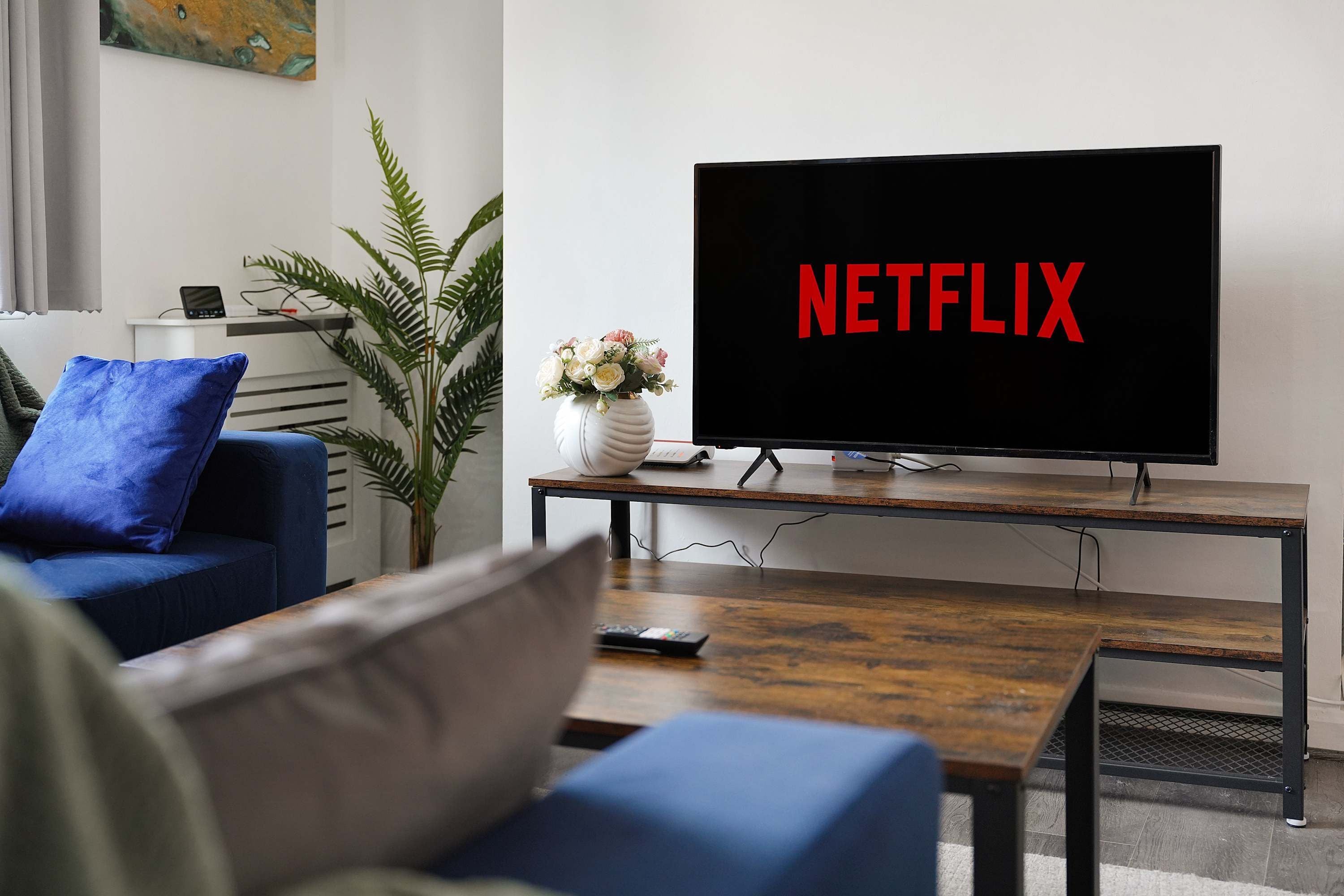 Un salon avec un téléviseur à écran plat affichant le logo « NETFLIX », un canapé bleu, une table basse et une plante en pot.