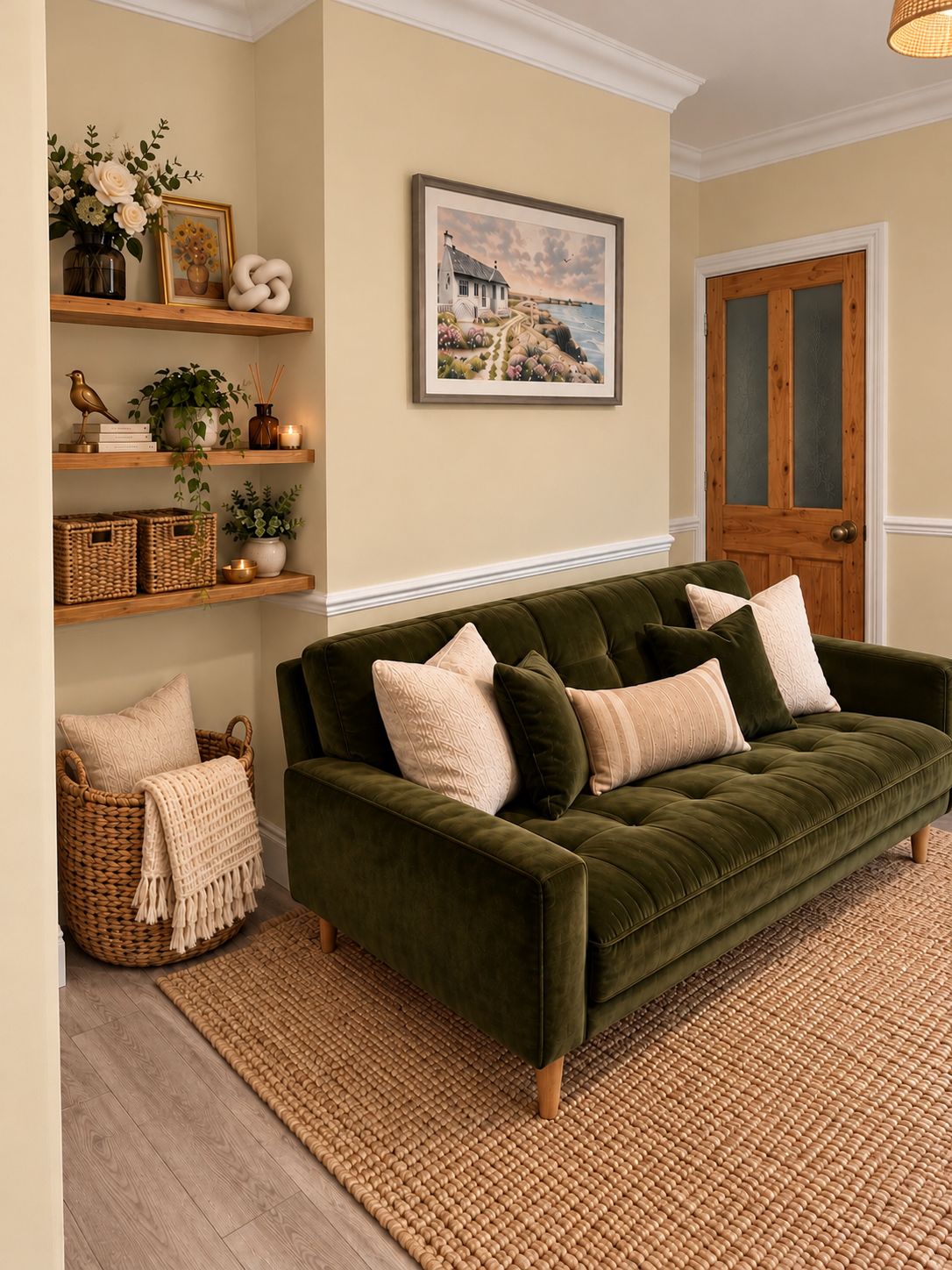 A green sofa with multiple cushions, a wicker basket, a woven rug, and a framed painting on the wall.
