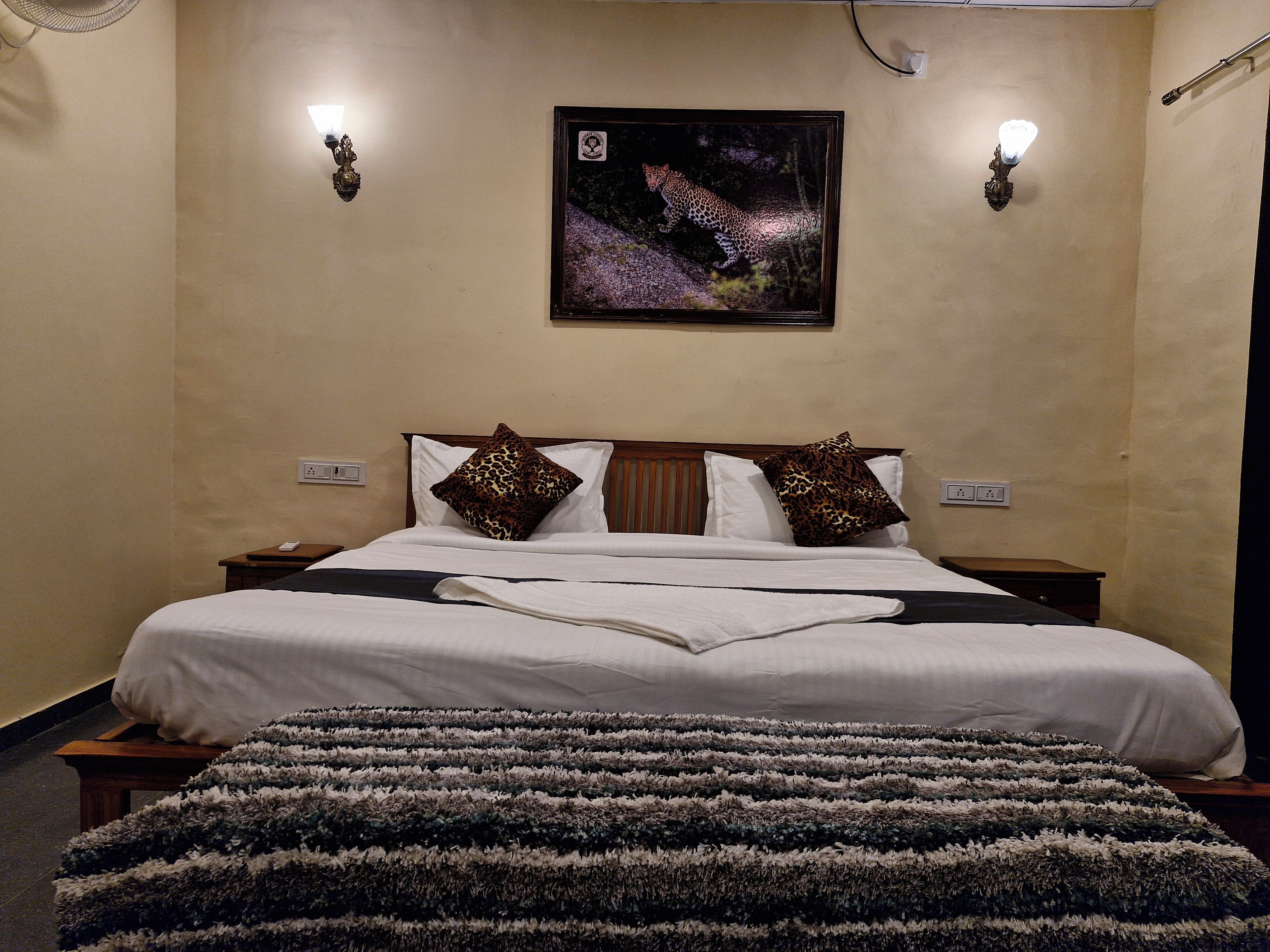 Quarto de hotel com uma cama, duas mesas de cabeceira, um quadro na parede e um tapete estampado.