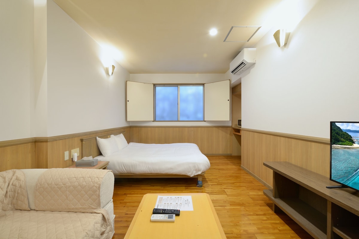 Habitación de hotel pequeña con cama, mesita de noche, un sofá compacto, televisión y ventana con vistas.