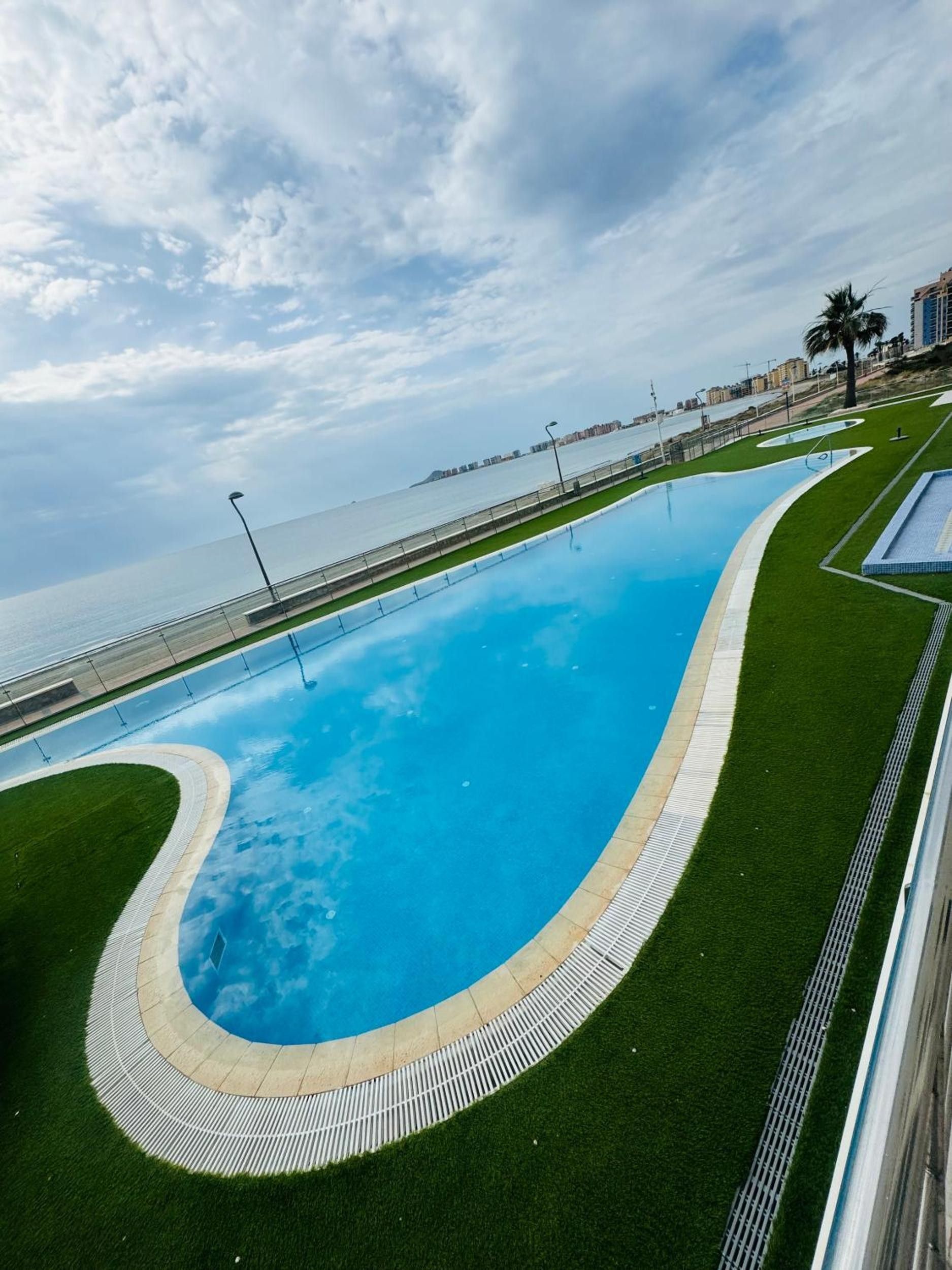 A swimming pool with a curved edge, surrounded by green artificial grass and a paved walkway.