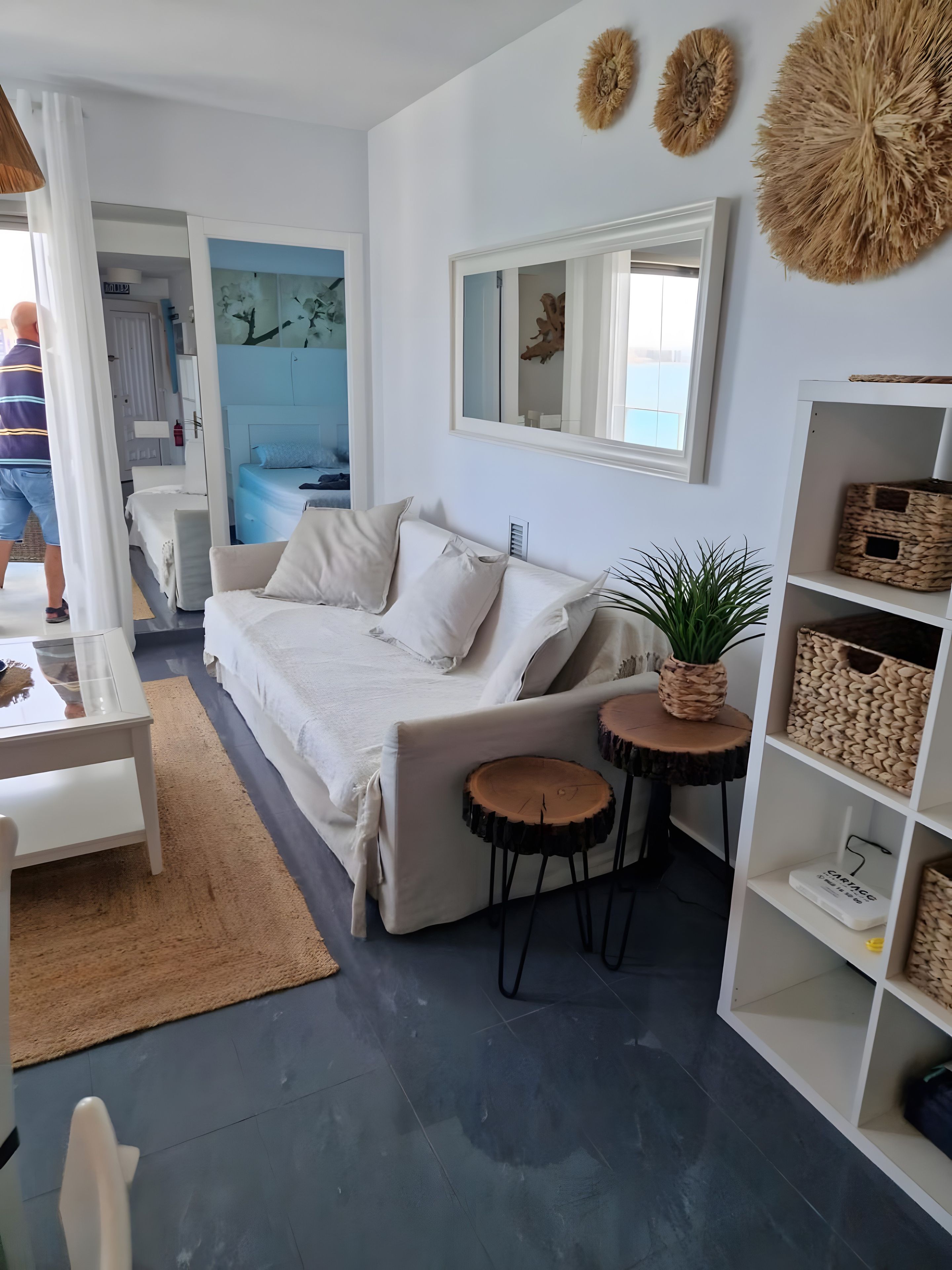 A modern living room with a sofa, a coffee table, and a side table with a plant. There is a bookshelf with storage baskets and a mirror on the wall.