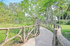 A curved wooden pathway with railings, surrounded by lush greenery and trees.