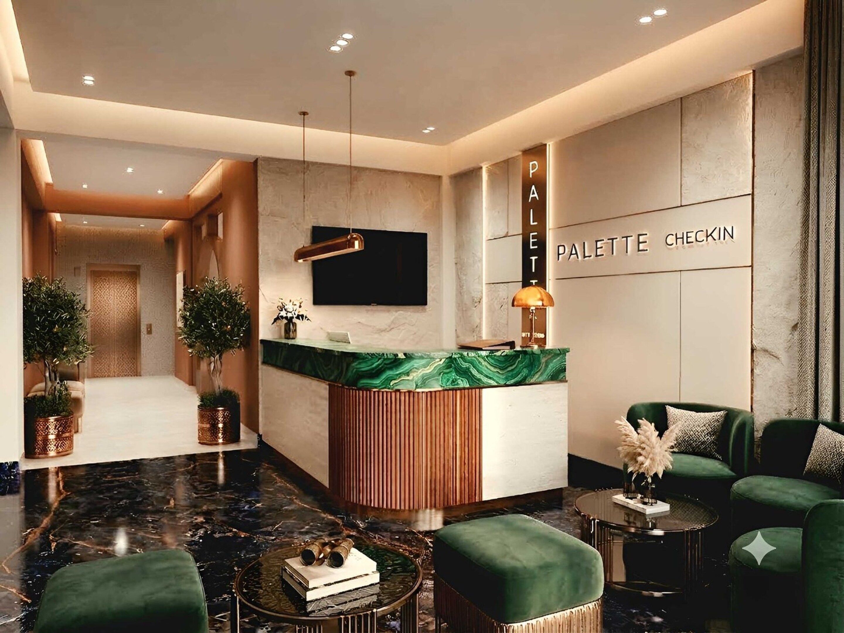Een moderne hotellobby met een receptiebalie, een zithoek en een incheckbalie.
