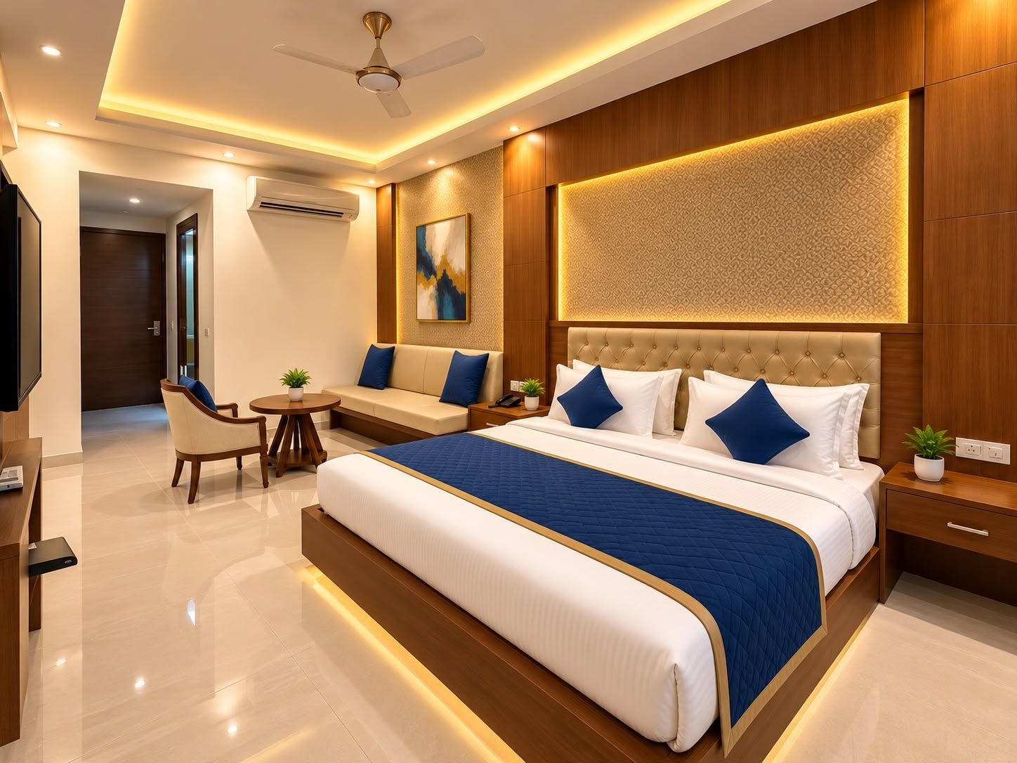 A modern hotel room with a large bed, a sofa, a desk, and a ceiling fan.