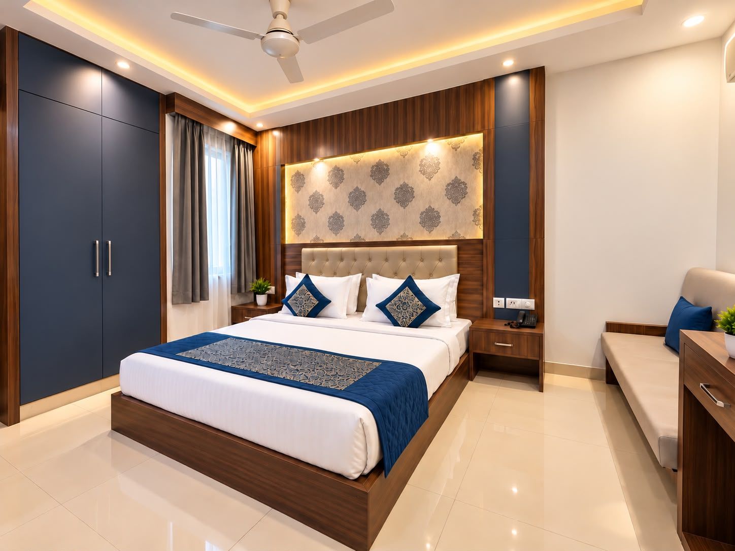 A modern bedroom with a large bed, a bedside table, a nightstand, a ceiling fan, and a built-in headboard.