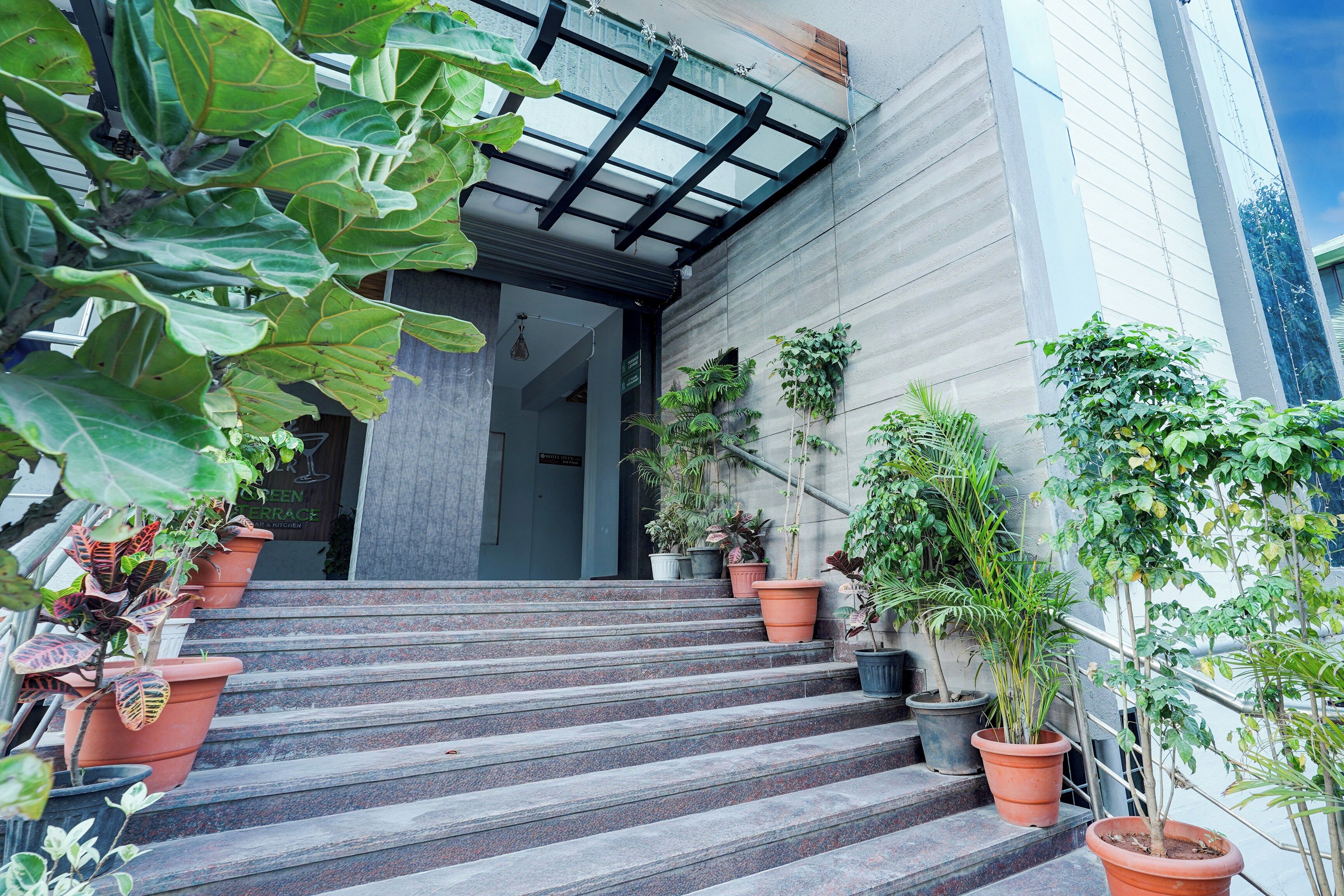 Entrada de hotel con una escalera que conduce al vestíbulo, rodeada de plantas en macetas.