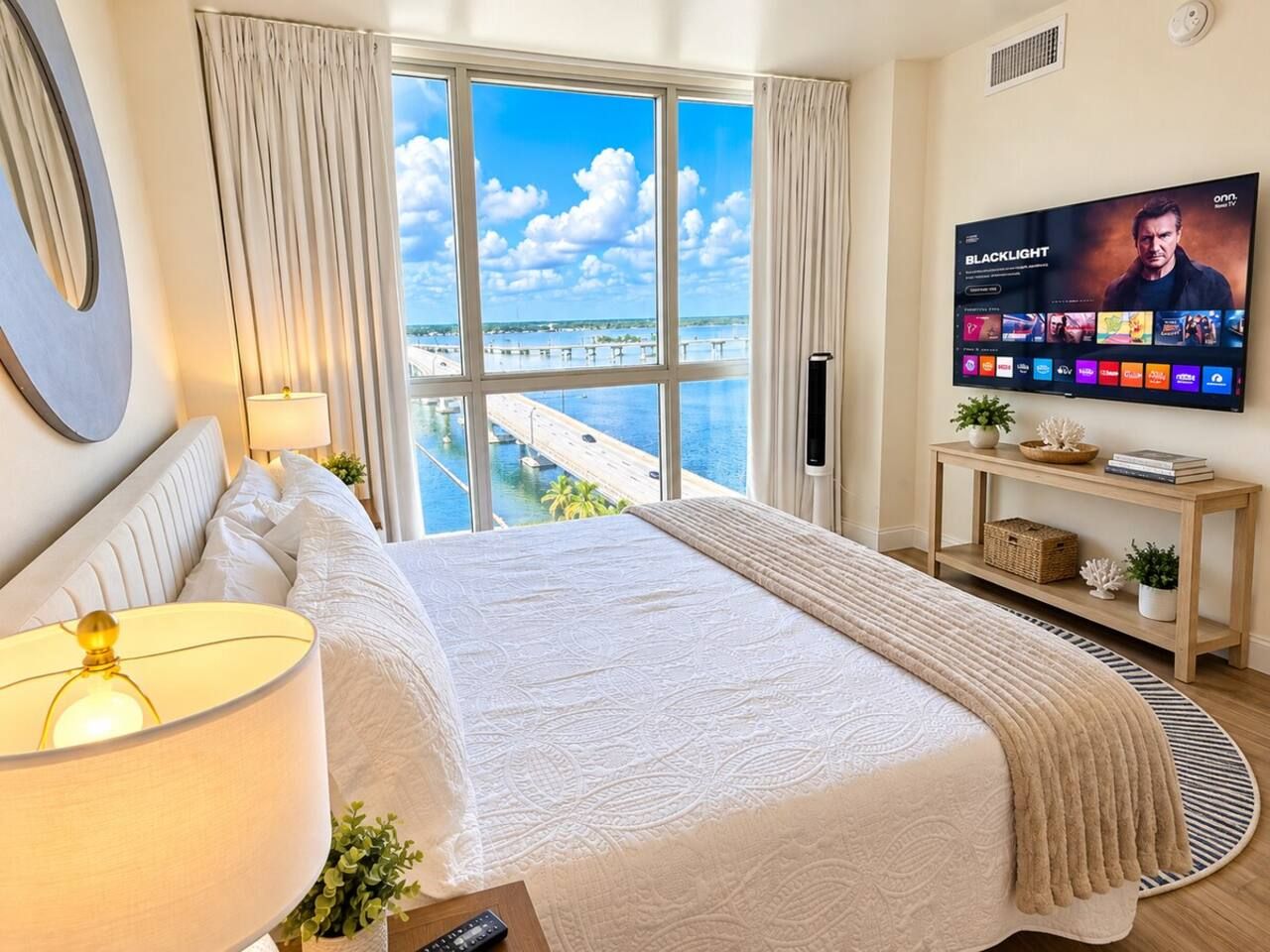 A hotel room with a large bed, a TV on the wall, a view of the water, and a balcony.