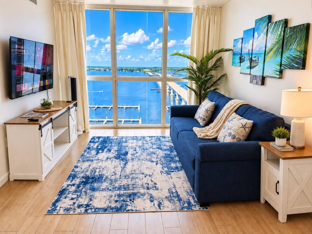 A living room with a large window, a blue sofa, a coffee table, a TV, and artwork on the wall.