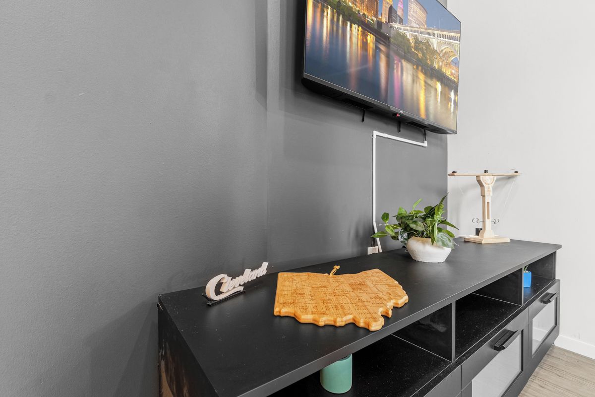 A modern living room with a flat-screen TV mounted on the wall, a black entertainment unit with a plant and a decorative item, and a sign that reads 'Cleveland.'