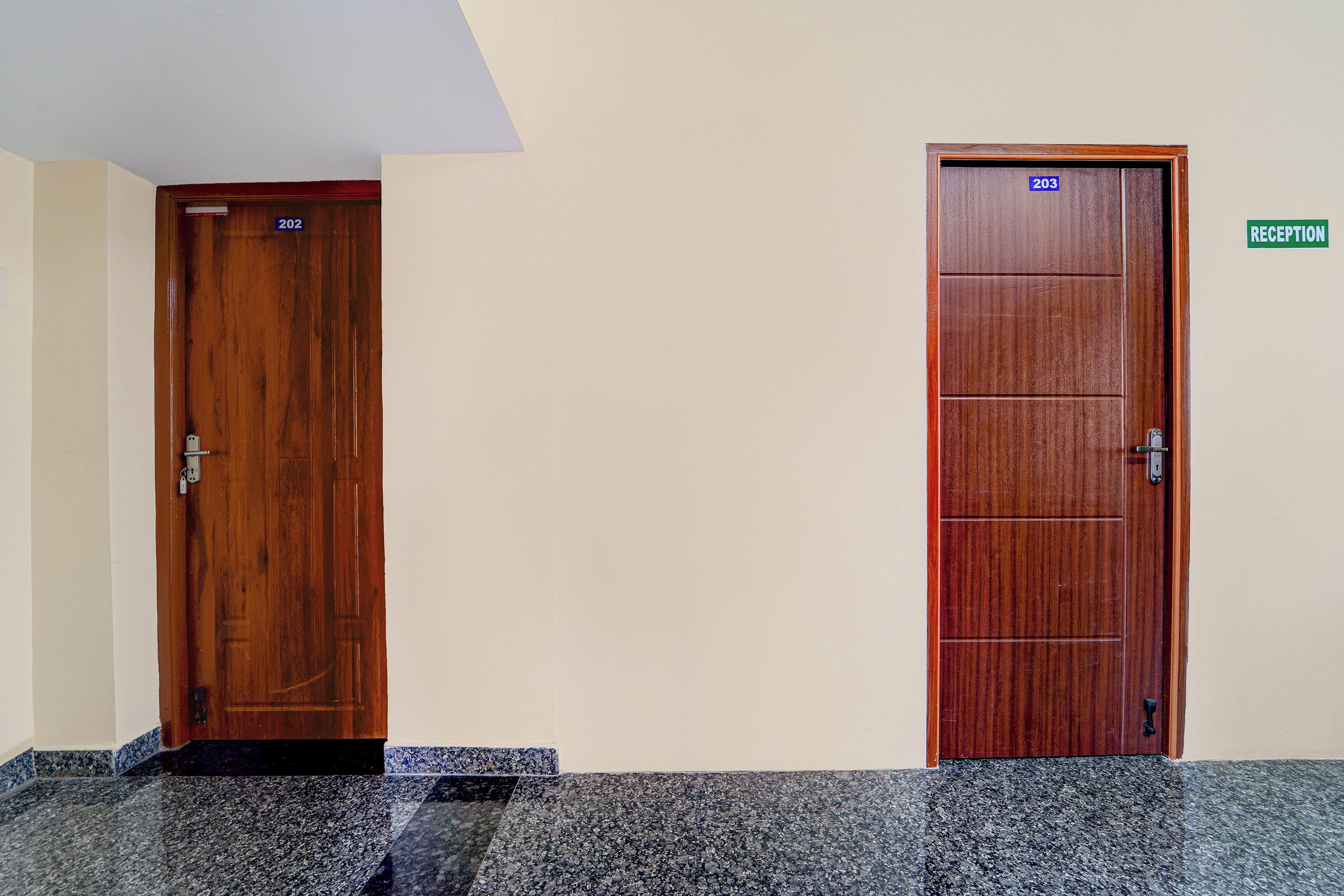 Two wooden doors with numbers 202 and 203, and a reception sign on the wall.