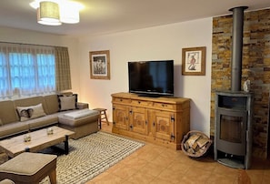 A living room with a sofa, TV, wooden cabinet, fireplace, and a patterned rug. - New Listing (Laax)