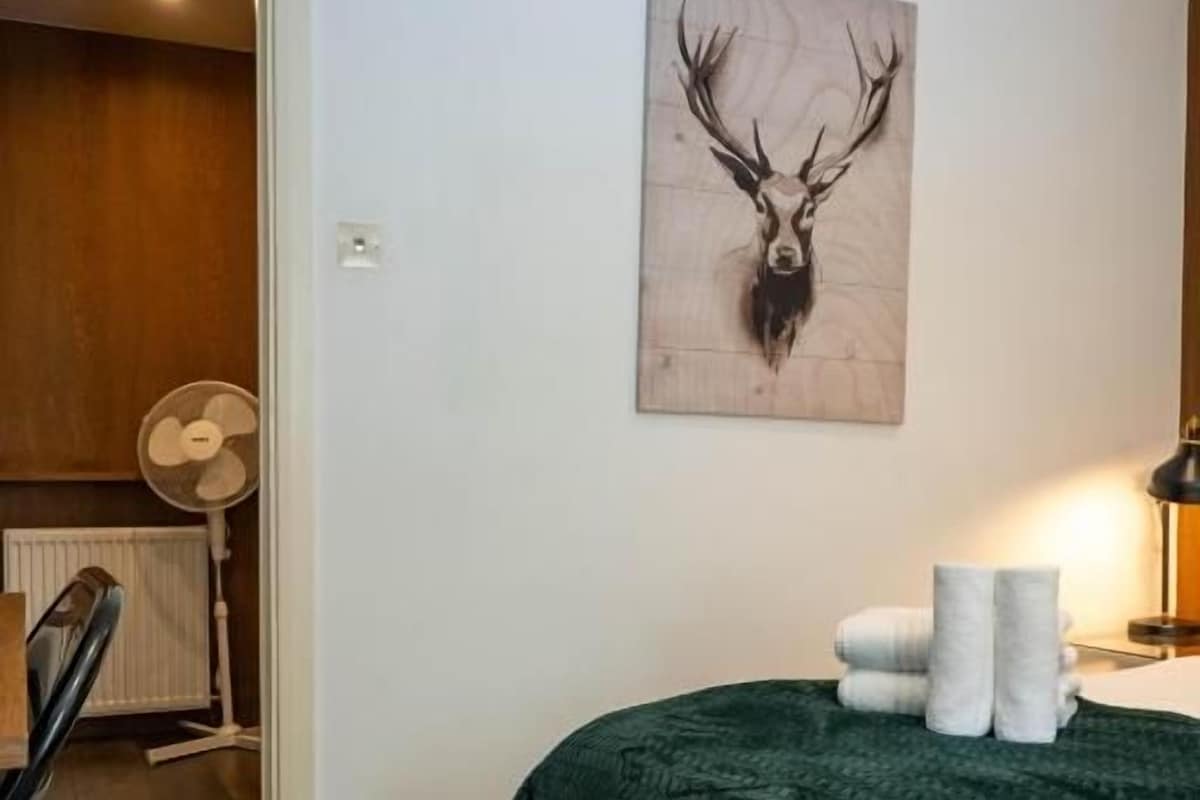 A bedroom with a bed, a wall-mounted deer head artwork, a bedside lamp, and a radiator.