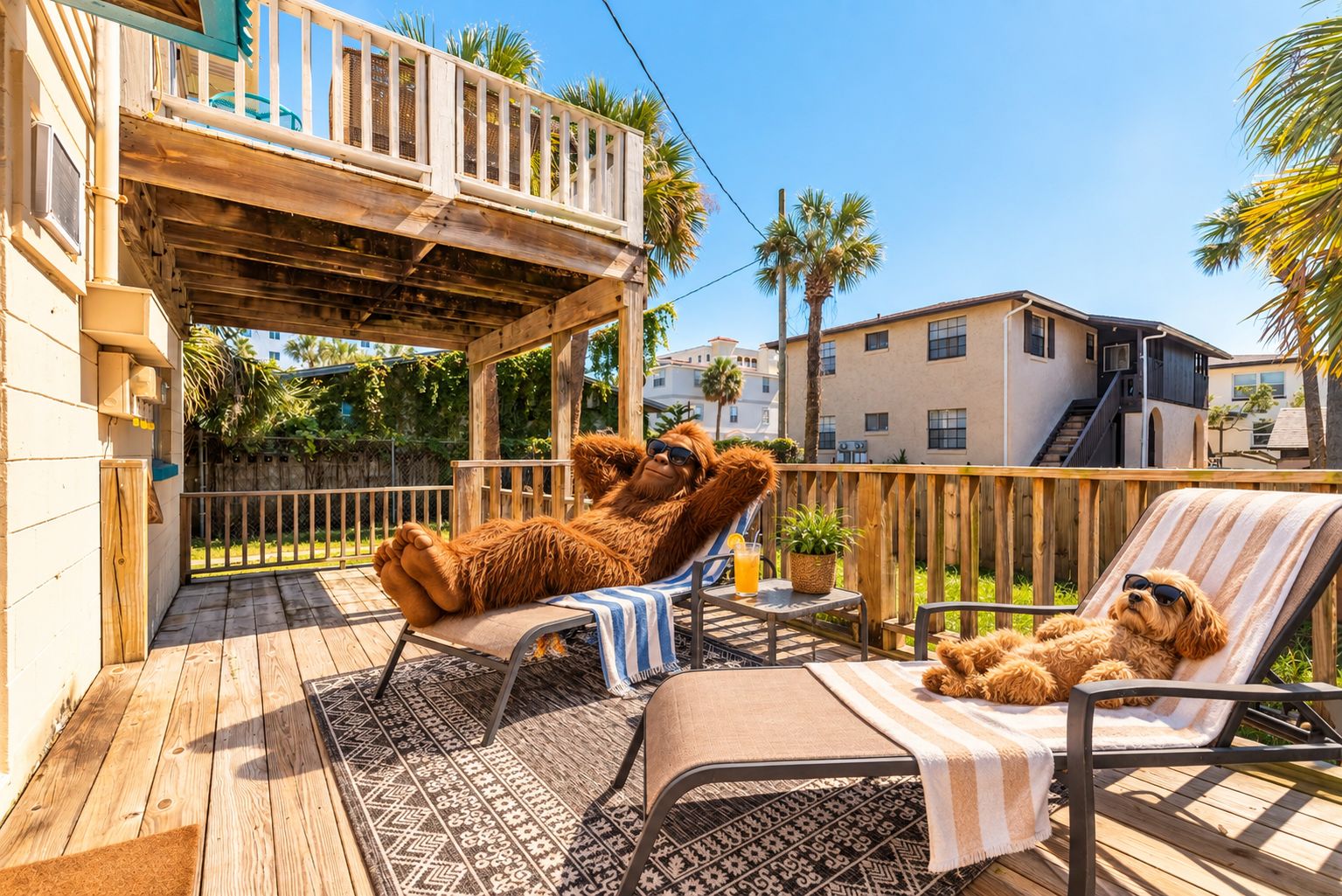 A wooden deck with two lounge chairs, one occupied by a dog and the other by a person.