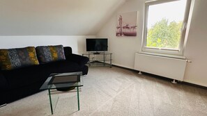 Un salon avec un canapé noir, une table basse en verre, un téléviseur à écran plat posé sur un meuble, un radiateur et une fenêtre donnant sur des arbres.