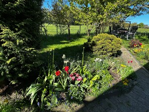 Un jardin avec un chemin dallé, différentes plantes et un espace aménagé avec des chaises.