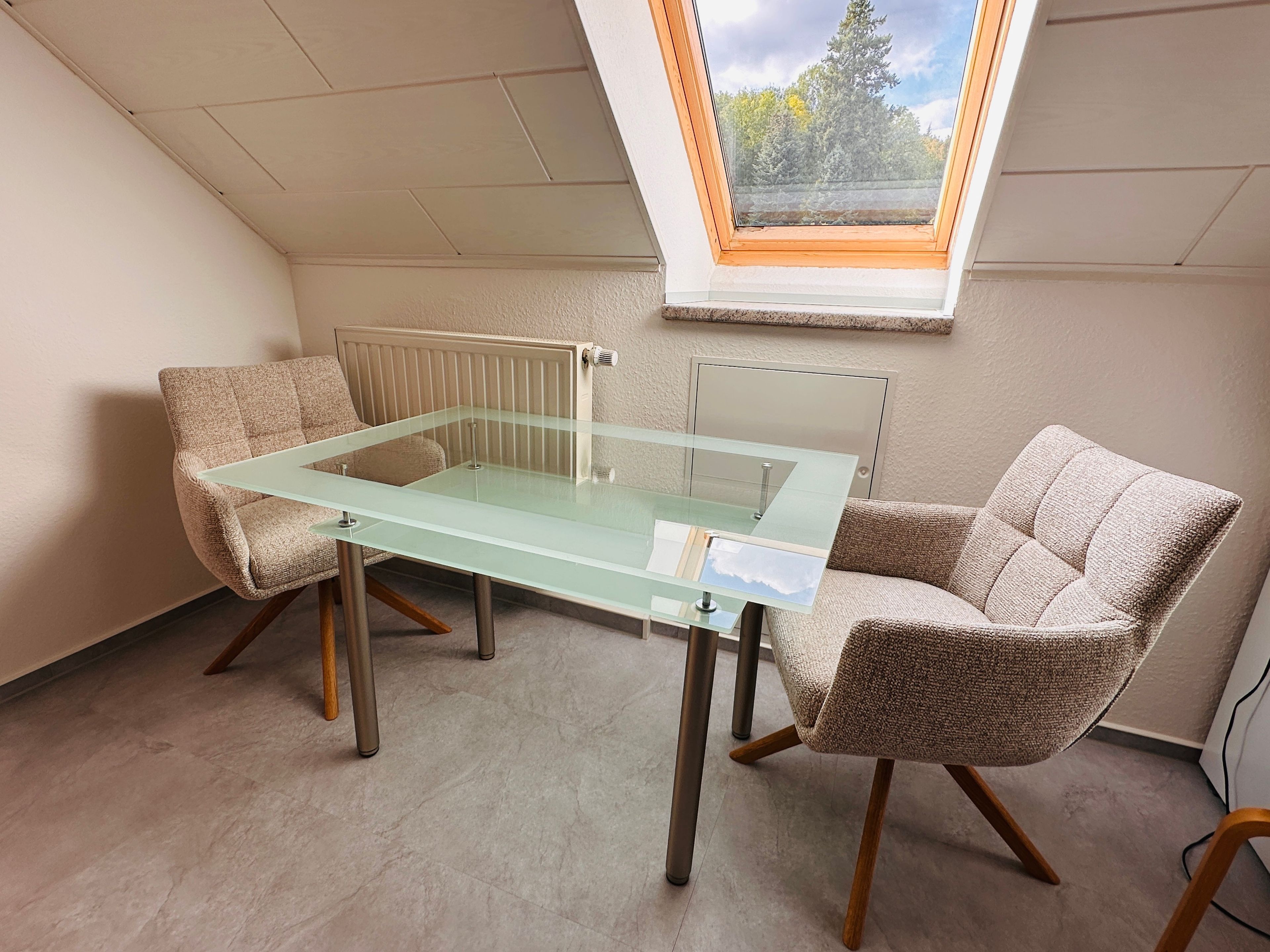 Una habitación con una mesa de vidrio, dos sillones tapizados, un radiador y un tragaluz.