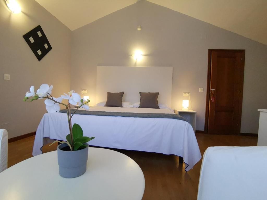 Un dormitorio con cama, mesitas de noche, una planta en maceta y una puerta.