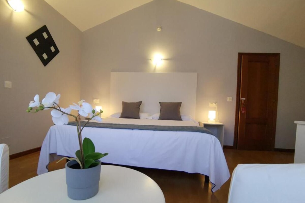 A bedroom with a bed, bedside tables, a potted plant, and a door.