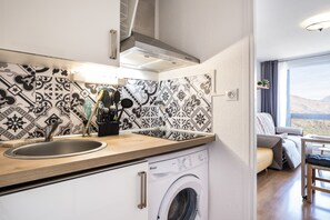 A compact kitchen with a washing machine, a sink, and a countertop with kitchen utensils. - Le Perchoir du Bonheur - Balcon avec vue montagne (Villarembert)